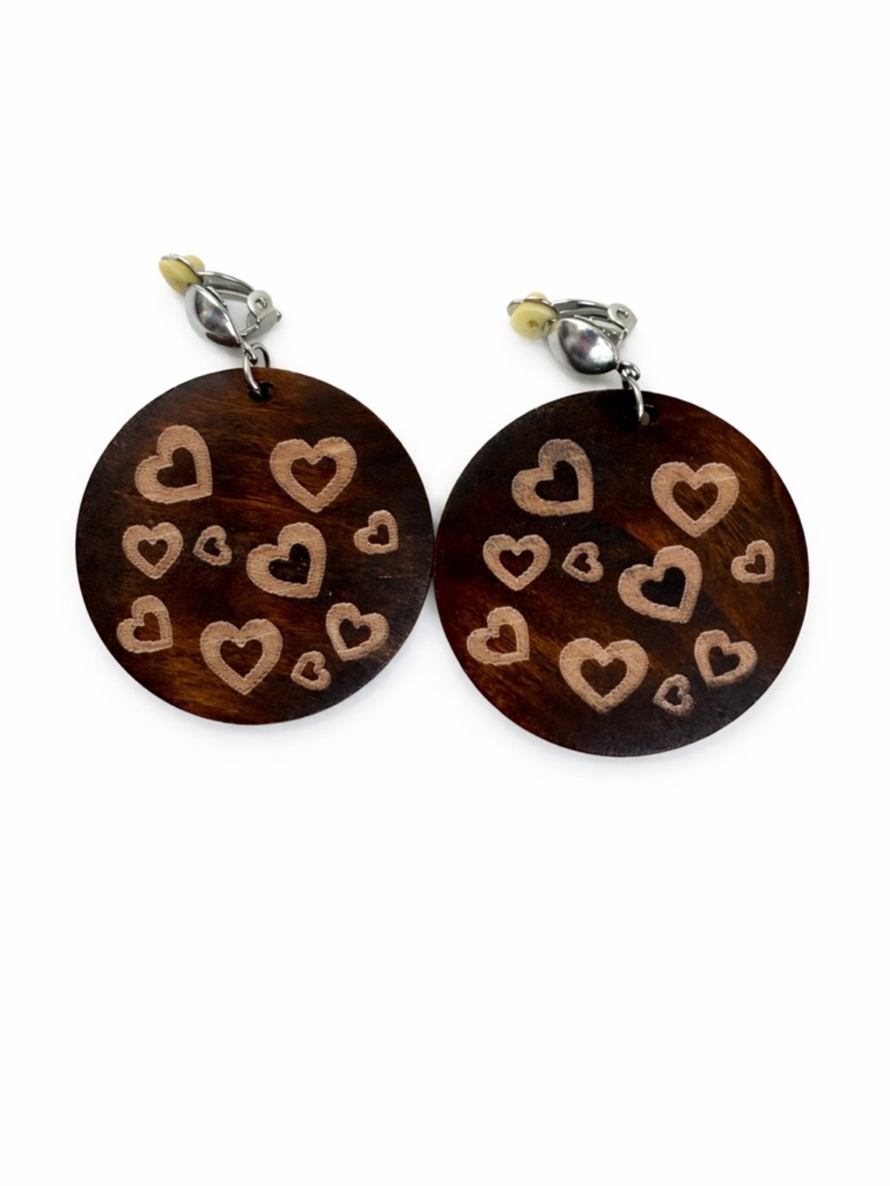 Wooden Heart Engraved Round Clip-On Earrings | Boho Statement Jewelry